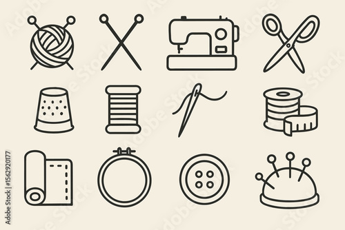 Collection of sewing and knitting tools including yarn, needles, and sewing machine