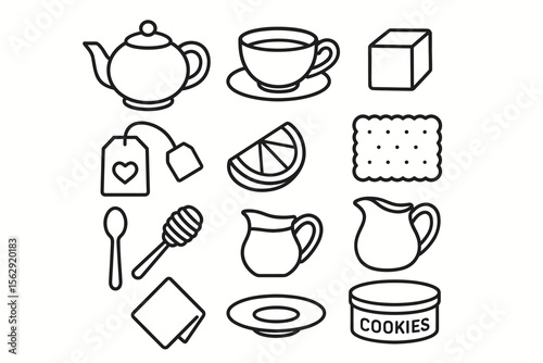 Tea set icons: teapot, teacup, lemon, and cookie line art collection