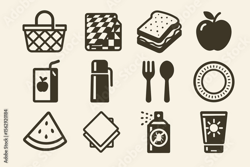 Picnic essentials: basket, blanket, snacks, drinks, and sun protection icons