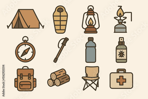 Essential camping gear icons: tent, sleeping bag, lantern, stove, compass, water bottle, first aid