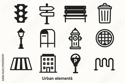 Black urban icons set: traffic light, bench, trash can, fire hydrant
