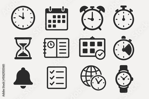 Variety of time management icons featuring clocks, calendars, and alarm symbols