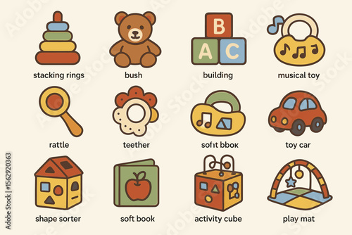 Colorful baby toys collection: stacking rings, building blocks, rattle, toy car, activity cube