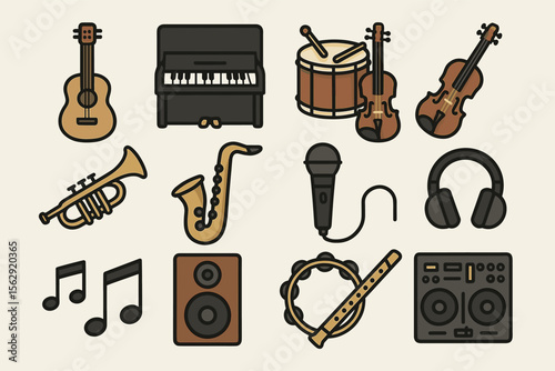 Colorful musical instruments collection: piano, violin, guitar, saxophone icons