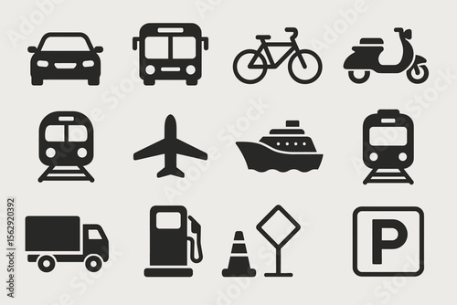 Transportation icon set featuring vehicles and travel symbols