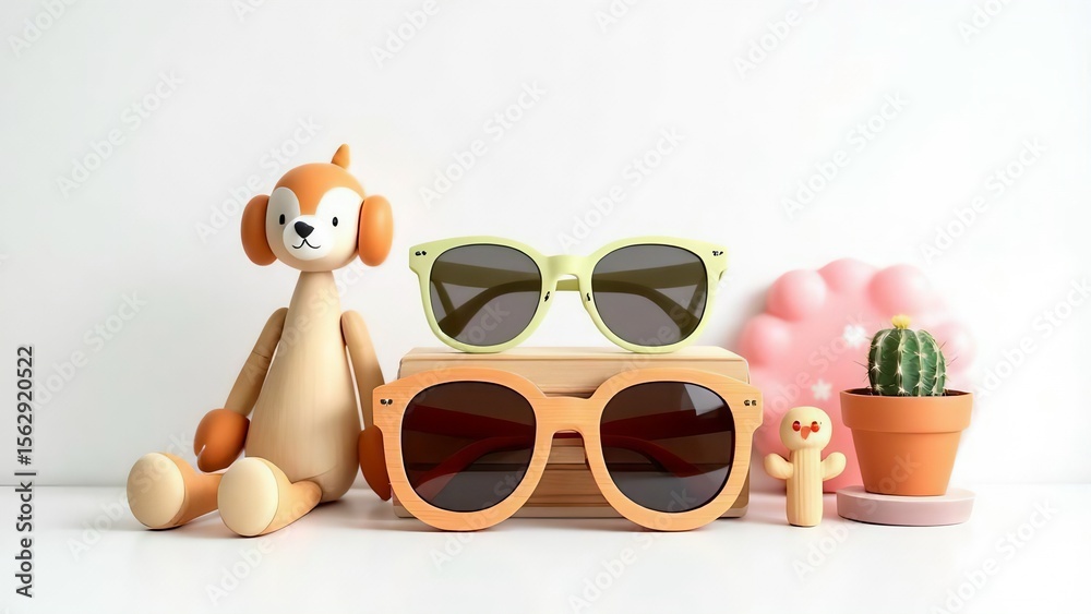 Naklejka premium Cute wooden dog toy with sunglasses and cactus isolated on white background