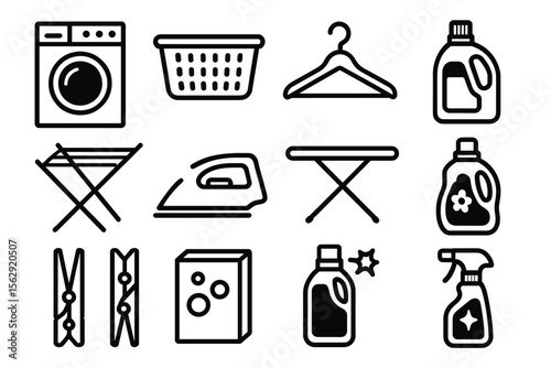 Laundry icon set: washing, drying, ironing essentials