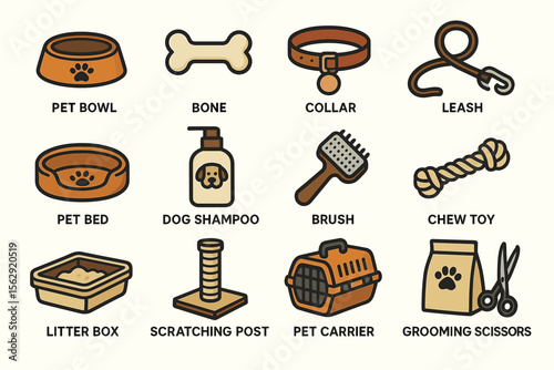 Pet care essentials: bowls, toys, grooming tools, and more icons