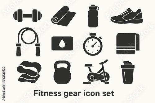 Essential fitness gear icon set featuring equipment and accessories