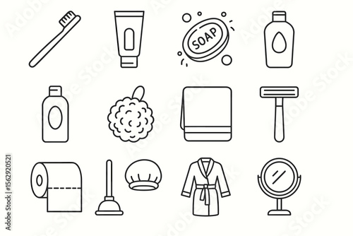 Minimalist bathroom essentials: icons of soap, towel, mirror, comb, razor, and more