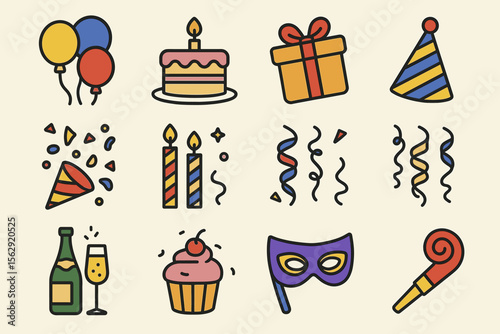 Festive birthday icons with cake, balloons, gifts, and party decorations