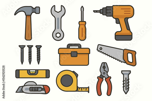 Colorful icon set of common hand and power tools for diy projects