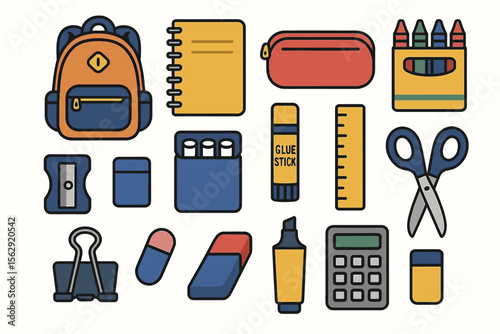Colorful school supplies set with backpack and stationery items