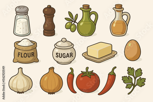 Cooking essentials: salt, pepper, oil, flour, sugar, butter, egg, garlic, onion, tomato, chili, parsley