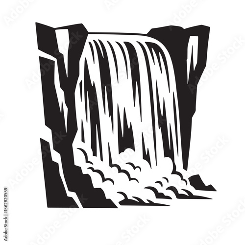Black and white vector illustration of a stylized waterfall cascading down rugged rocks and creating a decorative ornament set