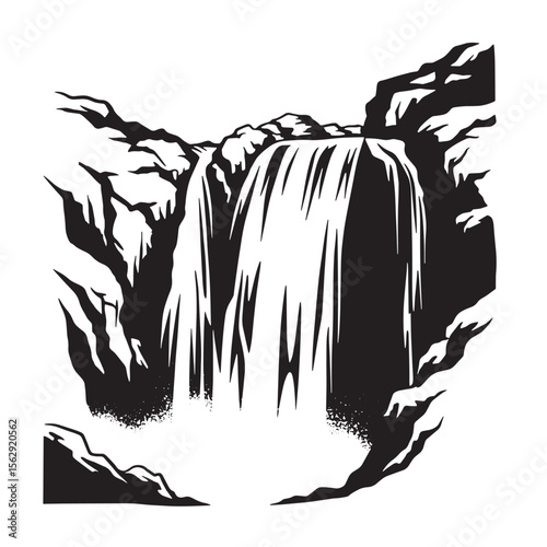 Black and white waterfall flowing over rocky cliffs nature illustration ornament set.
