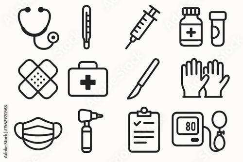Medical equipment icons: stethoscope thermometer syringe bandage glove mask kit