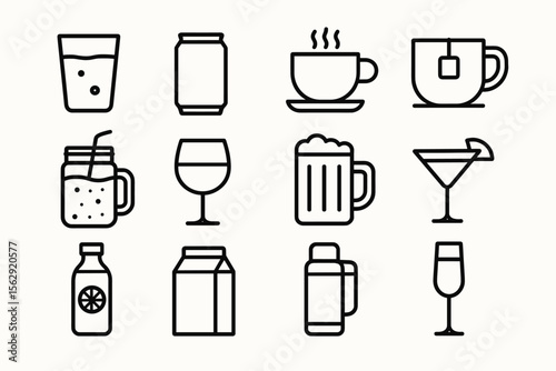 Set of 12 drink icons: coffee, tea, juice, wine, beer, cocktail, soda, milk, thermos