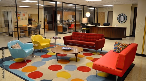 Mid-century modern office lounge area with colorful rug.