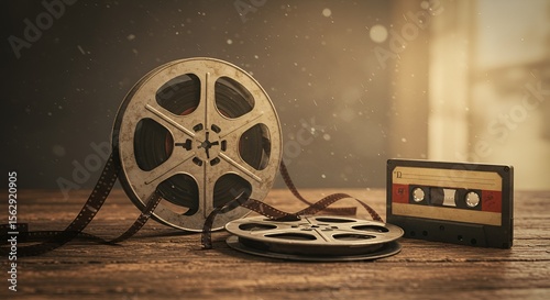 Vintage Film Reels and Cassette Tape on Rustic Wooden Table