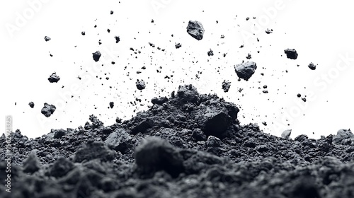 Pile of dark soil and flying rock fragments on a white background represents ground material detail