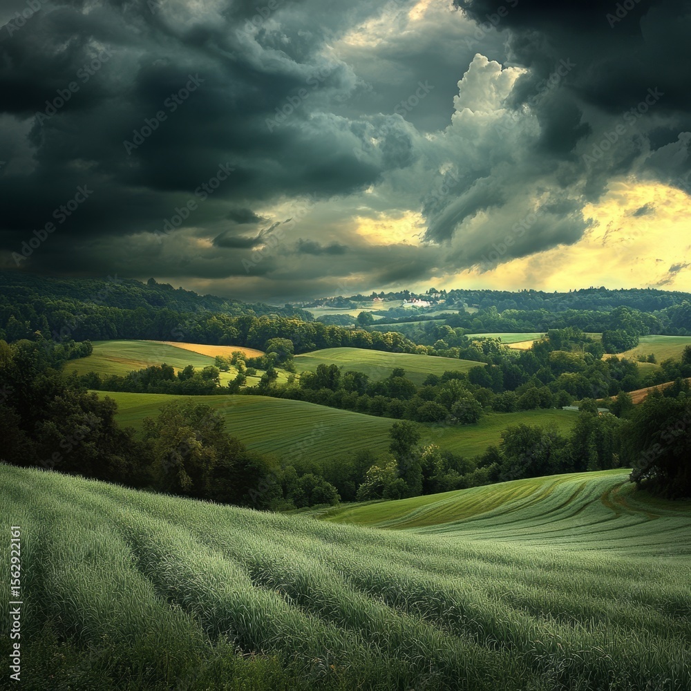 Fototapeta premium Dramatic sunset over rolling hills, with dark storm clouds.