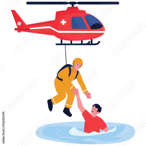 Emergency Services Illustration. Vector illustration of A rescue worker saves a drowning man using a helicopter during an emergency. Isolated on background