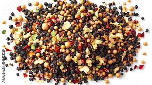 Fototapeta Naklejka Na Ścianę i Meble -  Pile of gourmet spice blend including black peppercorns mustard seeds and dried herbs creating intense aroma for culinary dishes