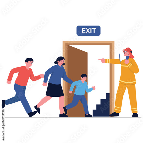 Emergency Services Illustration. Vector illustration of Firefighter guiding a family to safety during an emergency building evacuation. Isolated on background