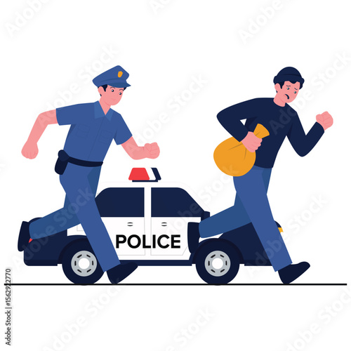 Emergency Services Illustration. Vector illustration of A police officer chases a suspect running away with a bag near a patrol car. Isolated on background