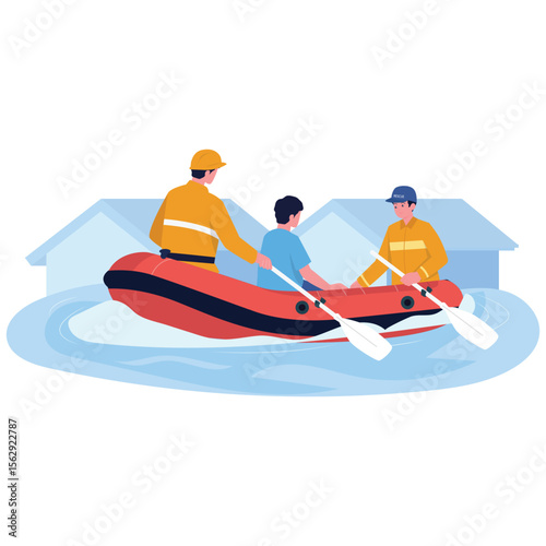 Emergency Services Illustration. Vector illustration of Rescue workers evacuating a person by boat during a flood emergency. Isolated on background