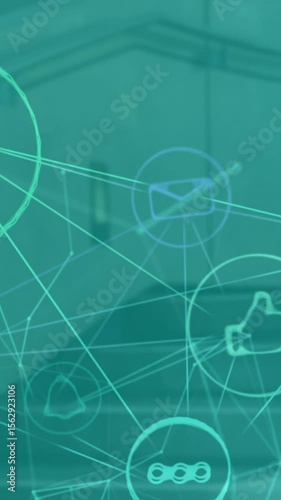 Animation of icons connected with lines over staircase of office in background