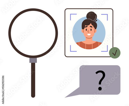 Magnifying glass, framed user profile, approval checkmark, and question bubble. Ideal for recruitment, HR, identification, verification problem-solving analysis and online security. Simple flat