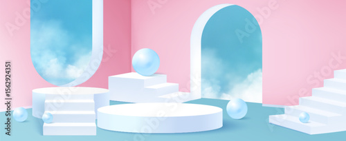 Pastel pink blue geometric stair podium composition with white platforms, glossy spheres and cloud filled sky in archways. Abstract 3d display stages for product presentation, cosmetics showcase.