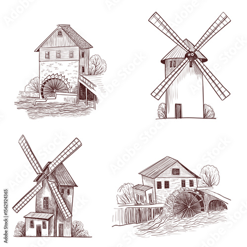 vector drawing set of sketch of watermills and windmills, vintage element, hand drawn illustration