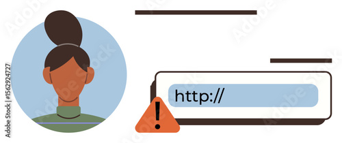 Female avatar with a high bun next to a website URL featuring a red warning sign. Ideal for cybersecurity, online safety, phishing alerts, data protection, secure browsing, identity verification