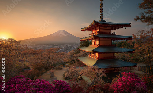 A photo of the Chureito Pagoda at sunset, with Mount Fuji