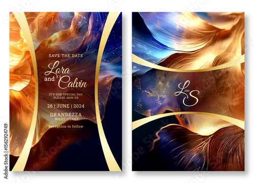 Wedding invitation template, business brochure template, luxury blue and gold floral art flyer design, universal background, versatile vector background, creative brochure template, party invitation