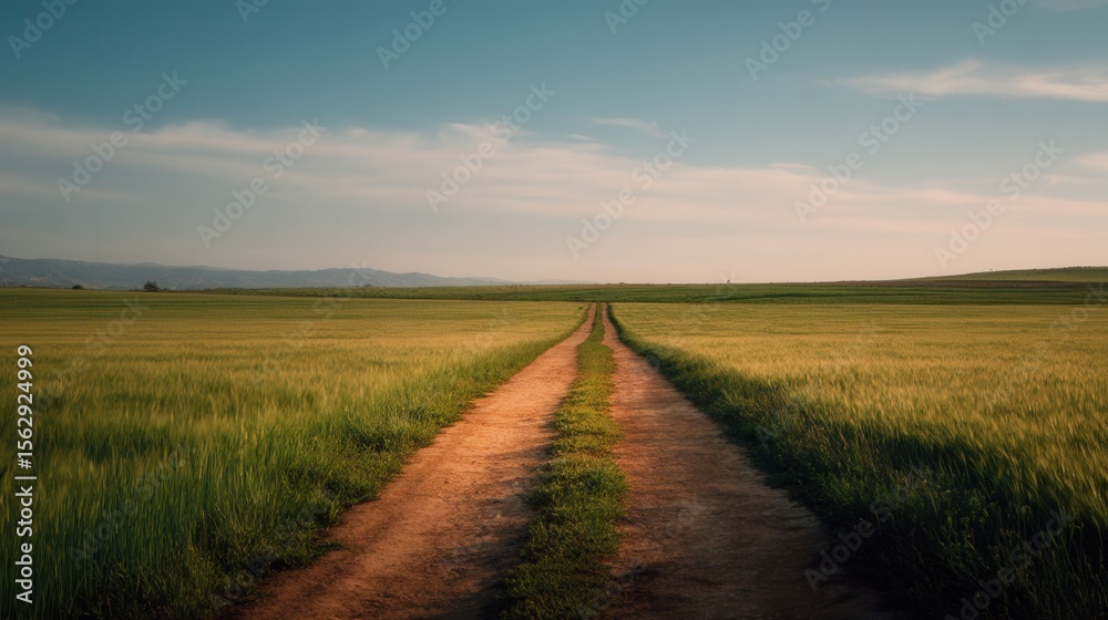Obraz premium Scenic Dirt Path Through Lush Green Fields Under Blue Sky