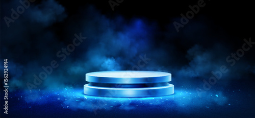 Blue glowing podium with smoke effects - circular metallic platform surrounded by dramatic mist, light particles floating in dark atmosphere for scary presentation, gaming display, product design.