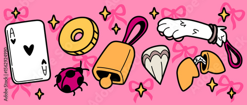 Lucky doodle symbols on pink background with bows - ace card, golden coin and bell, ladybug, fortune cookie and rabbit foot. Good luck charms collection with sparkle stars for kawaii magical designs.