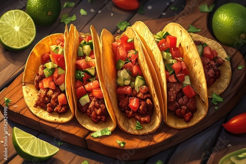 Tacos filled with savory meat and fresh vegetables served with lime on a wooden platter