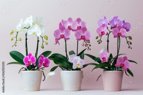 Wallpaper Mural Three potted orchids in various shades of pink and white against a soft pink background Torontodigital.ca