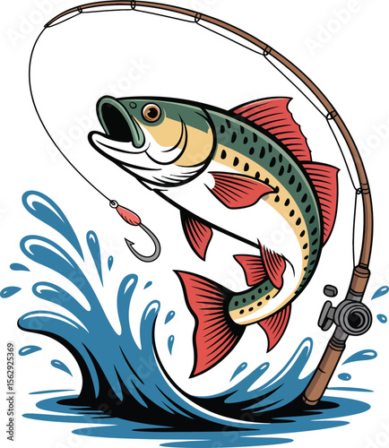 Cartoon illustration of a trout leaping from water while being caught on a fishing rod