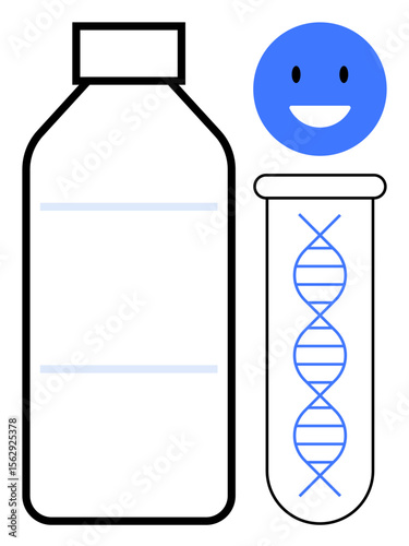 Test tube featuring DNA helix, bottle representing sample collection, and smiling face symbolizing positive outcomes. Ideal for healthcare, genetics, laboratory work, biotechnology, innovation