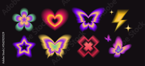 Neon gradient butterfly shapes with glowing flower, heart, star, lightning bolt and cross symbols on black background. Vibrant colorful blurred effects for y2k design, retro aesthetic elements.