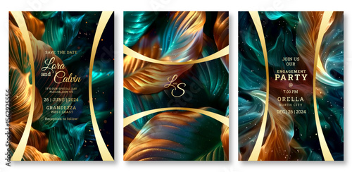 Wedding invitation template, business brochure template, luxury green and gold  leaves art flyer design, universal background, versatile vector background, creative brochure template, party invitation