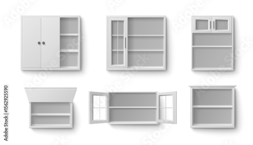 White kitchen cabinet set with open doors and empty shelves - wall mounted storage units with glass panels, wood fronts for modern home organization, pantry furniture or bathroom cupboards interior.