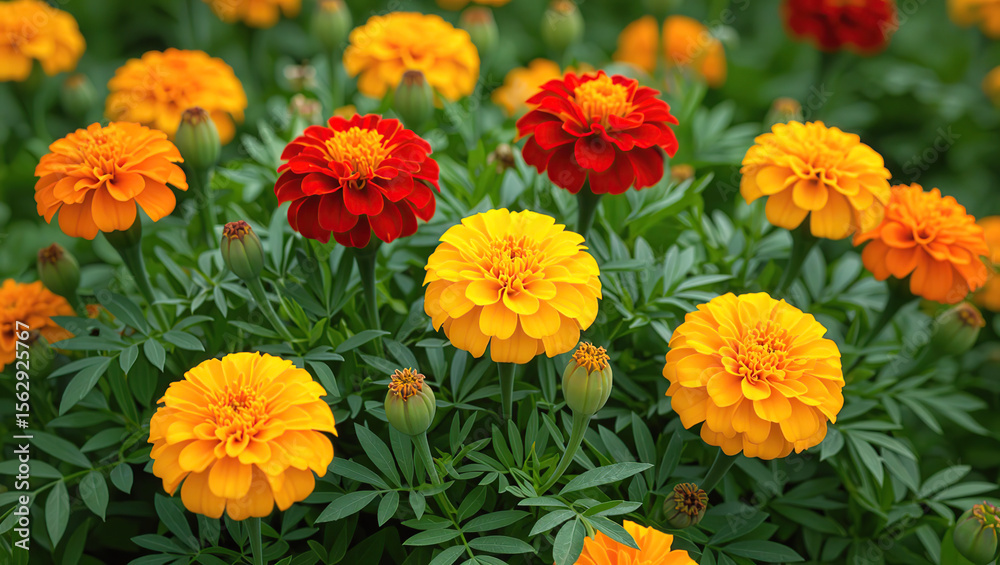 Vibrant marigold flowers bloom, displaying a mix of orange, yellow, and red petals with green leaves in a natural, outdoor setting