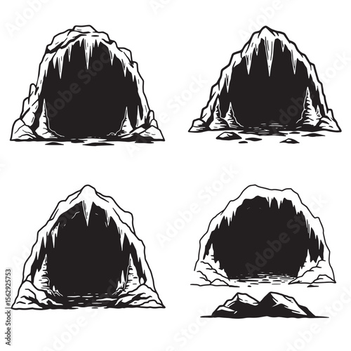 Four detailed hand drawn cave entrance illustrations for design and ornament set usage